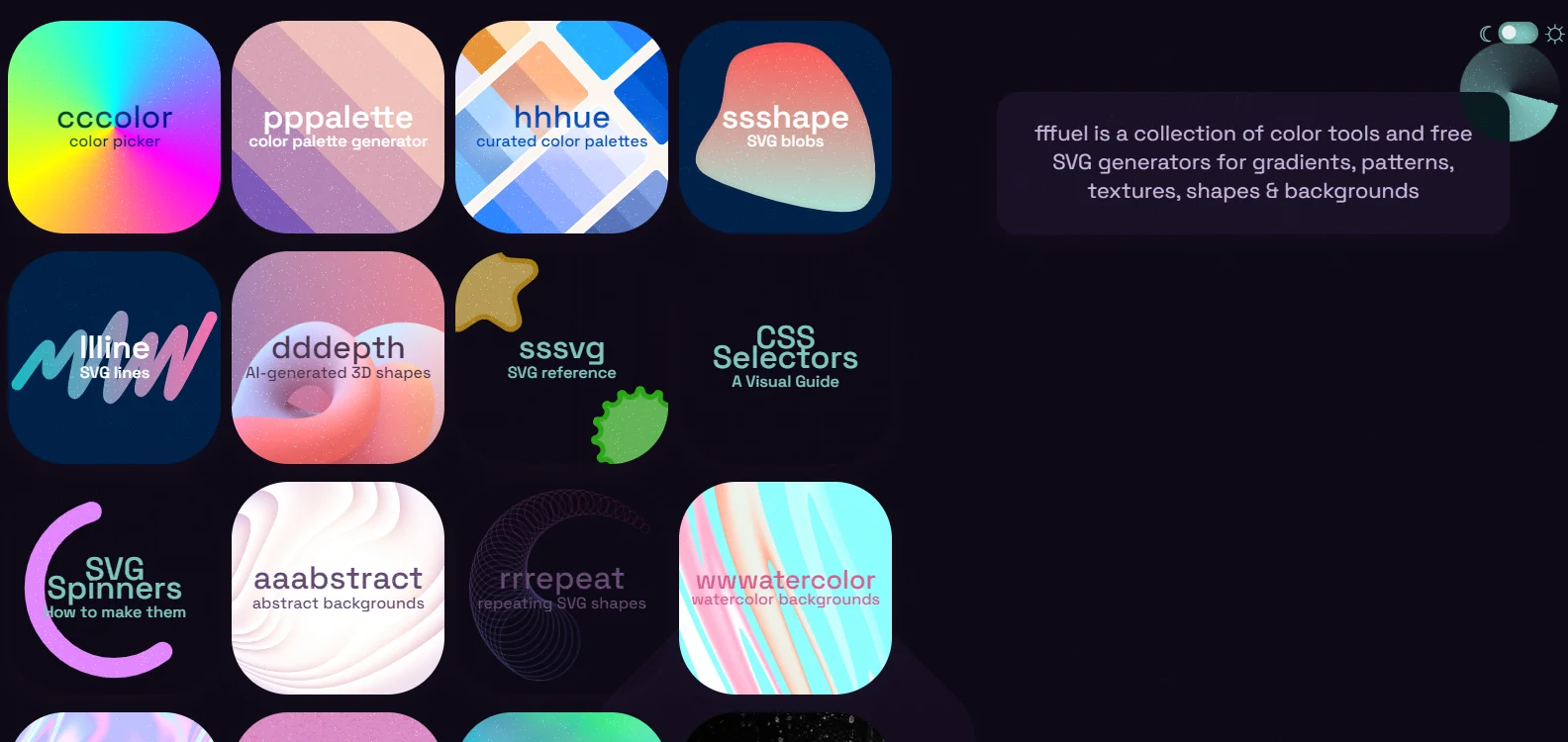 A collection of color tools and free SVG generators for gradients, patterns, textures, shapes & backgrounds