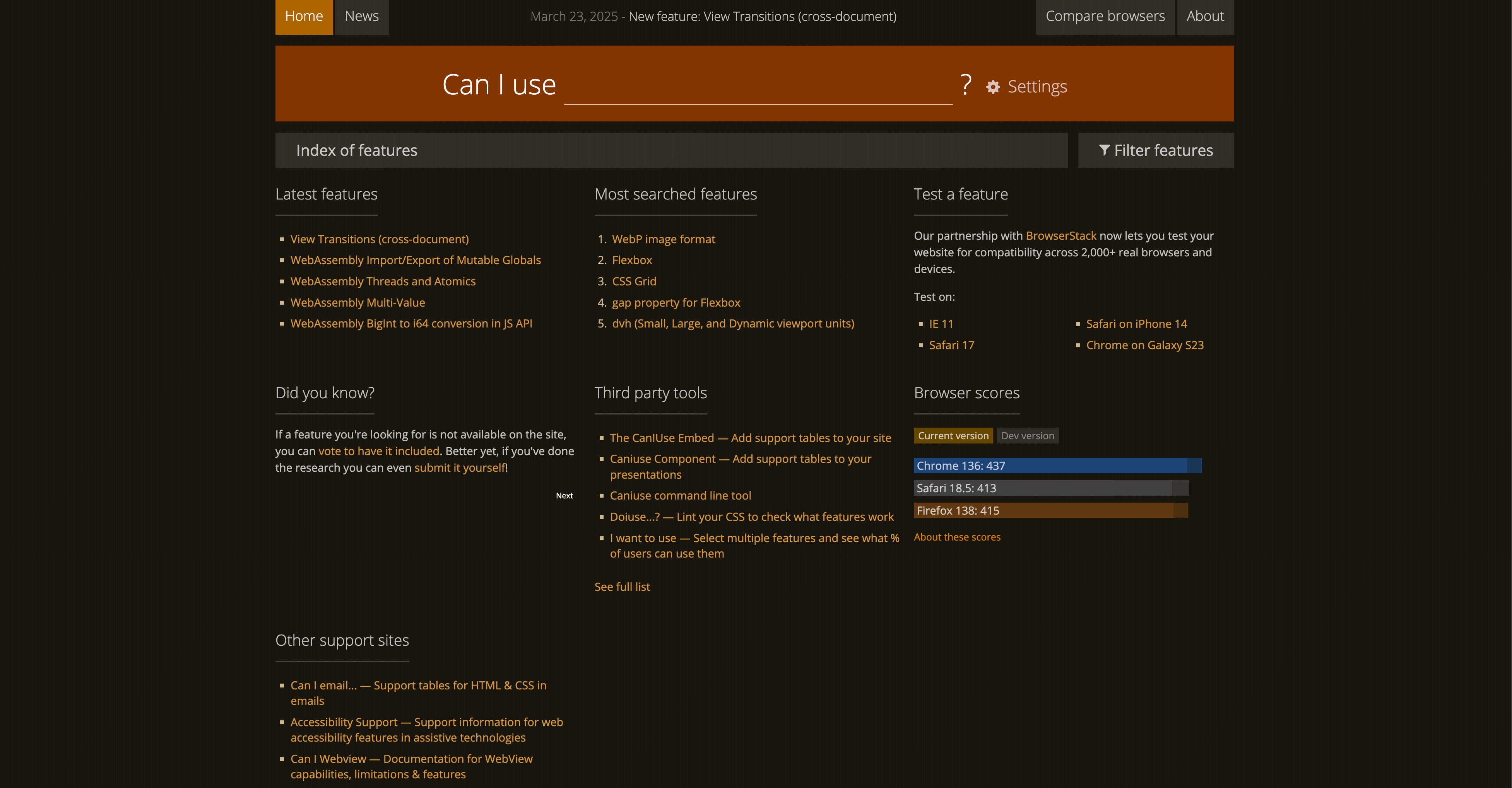 Can I use... Support tables for HTML5, CSS3, etc